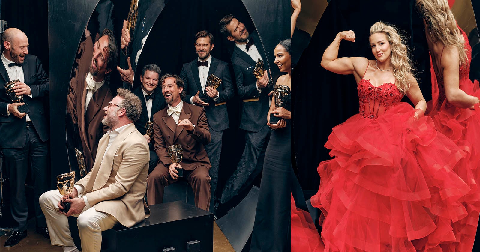 A group of people in formal attire laugh and hold gold trophies on the left, while a woman in a dramatic red gown flexes her arm and smiles confidently on the right.