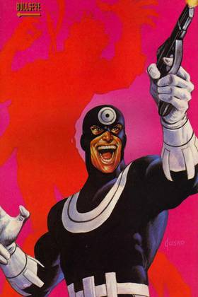 Bullseye with a maniacal look on his face, pointing a gun, against a red backdrop.
