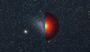a red half-circle over a starry background