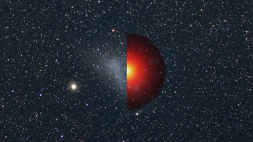  A NASA graphic depicting a galaxy with a red half-circle superimposed over it to represent the mass of dark matter believed to be found there. 