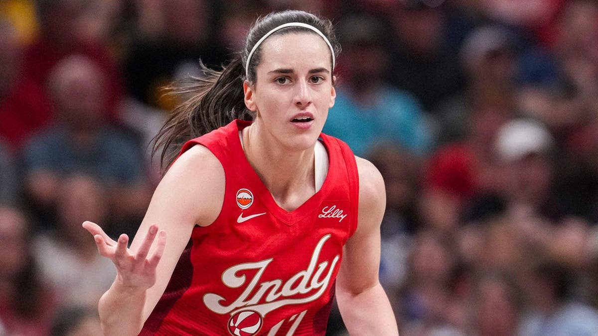 Indiana Fever guard Caitlin Clark reacting during a basketball game at Gainbridge Fieldhouse