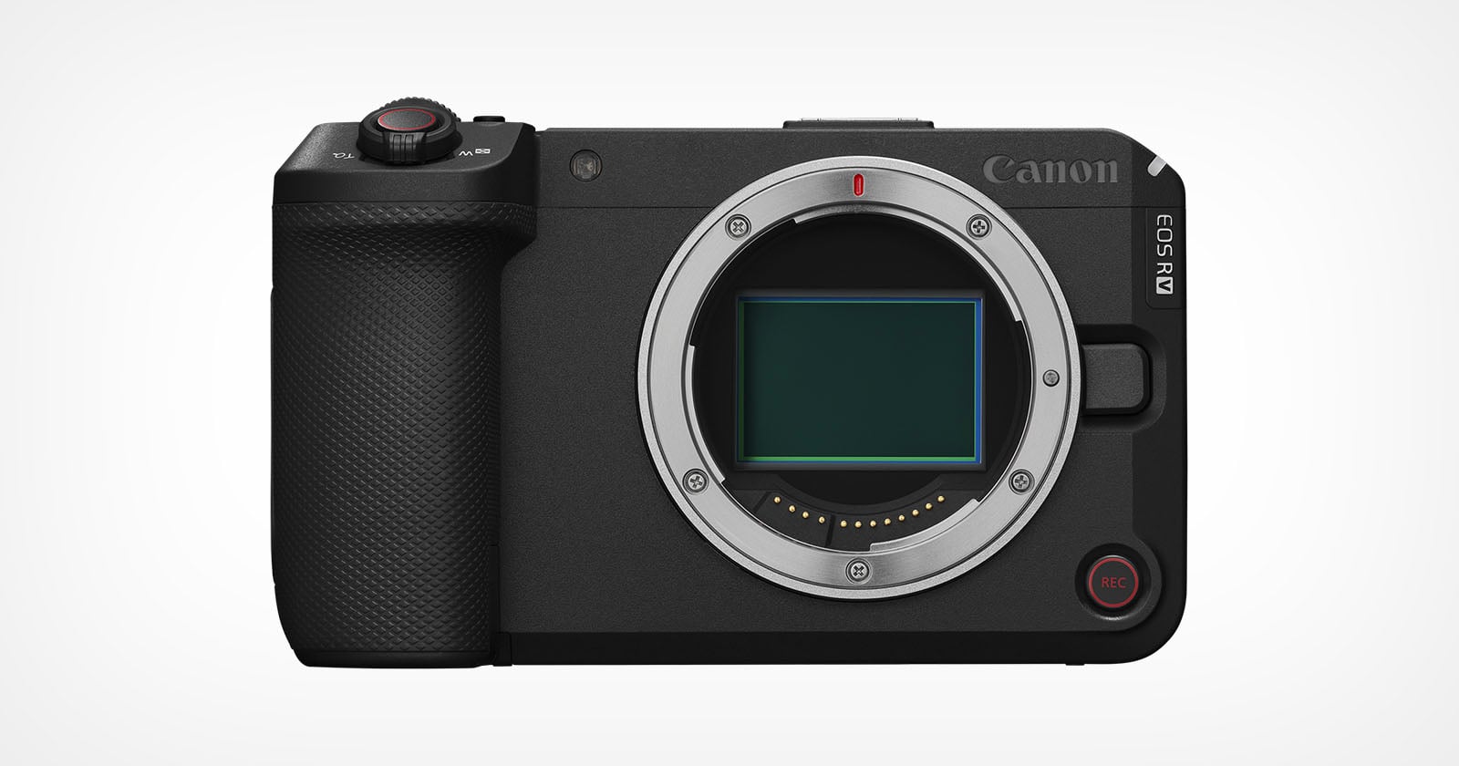 Front view of a black Canon EOS R8 mirrorless camera body, showing the lens mount and large image sensor, with buttons and textured grip visible on the left side.