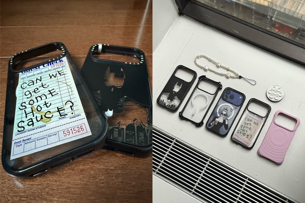 Collage of Casetify phone cases and accessories, including a Batman-themed case, a "can we get some hot sauce?" guest check case, and a pearl phone strap.