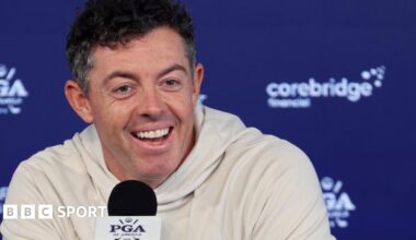 Rory McIlroy speaking at a news conference prior to the start of the US PGA Championship at Aronimink in Pennsylvania