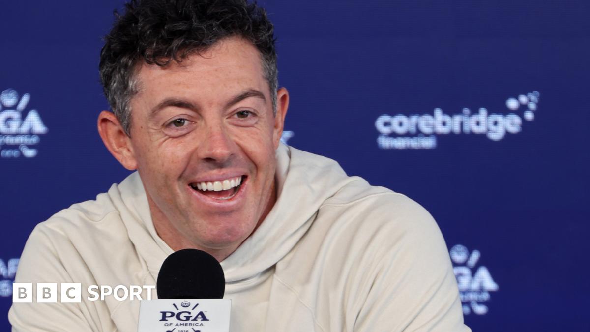 Rory McIlroy speaking at a news conference prior to the start of the US PGA Championship at Aronimink in Pennsylvania
