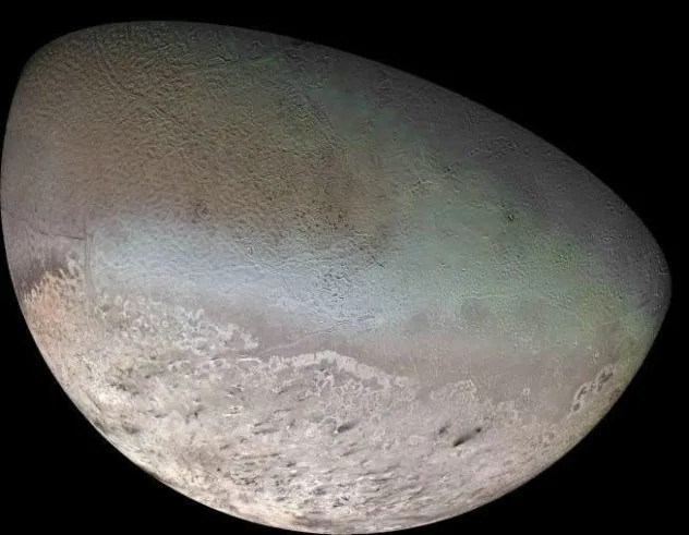 A global color mosaic of the moon Triton, taken in 1989 by Voyager 2 during its flyby of the Neptune system.