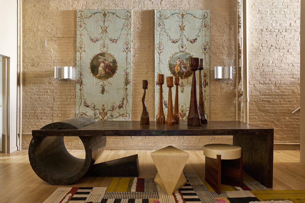 Decorative living space featuring a unique tabletop and artistic elements.