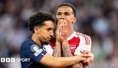 Paris St-Germain captain Marquinhos hugs his Brazilian team-mate Gabriel after the Arsenal defender missed a decisive penalty in their Champions League final shootout.