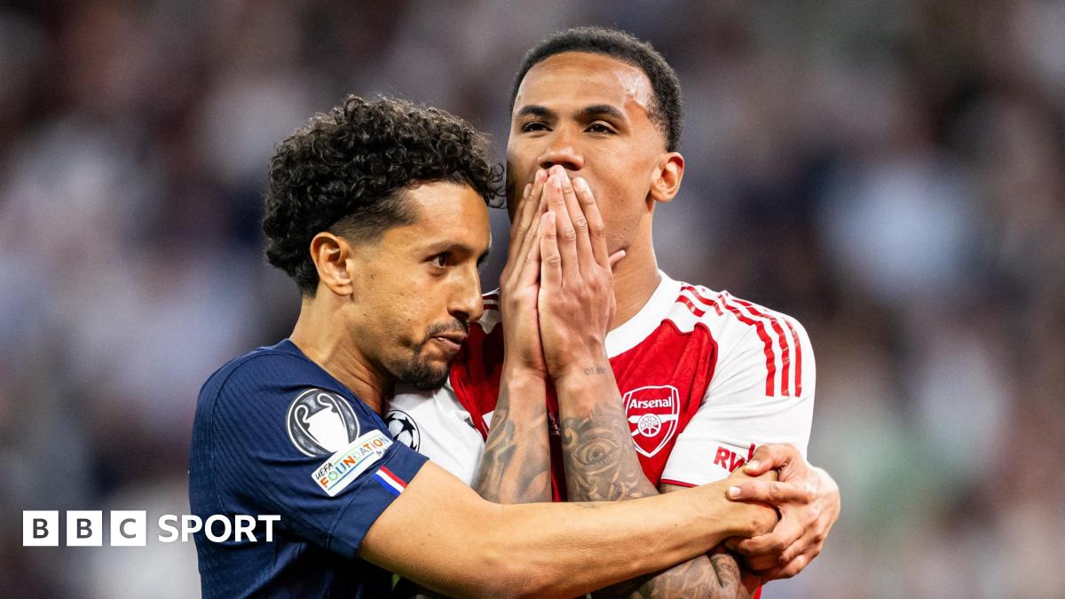 Paris St-Germain captain Marquinhos hugs his Brazilian team-mate Gabriel after the Arsenal defender missed a decisive penalty in their Champions League final shootout.