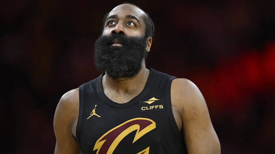 Cleveland Cavaliers guard James Harden (1) stands on the court during a game.David Richard-Imagn Images