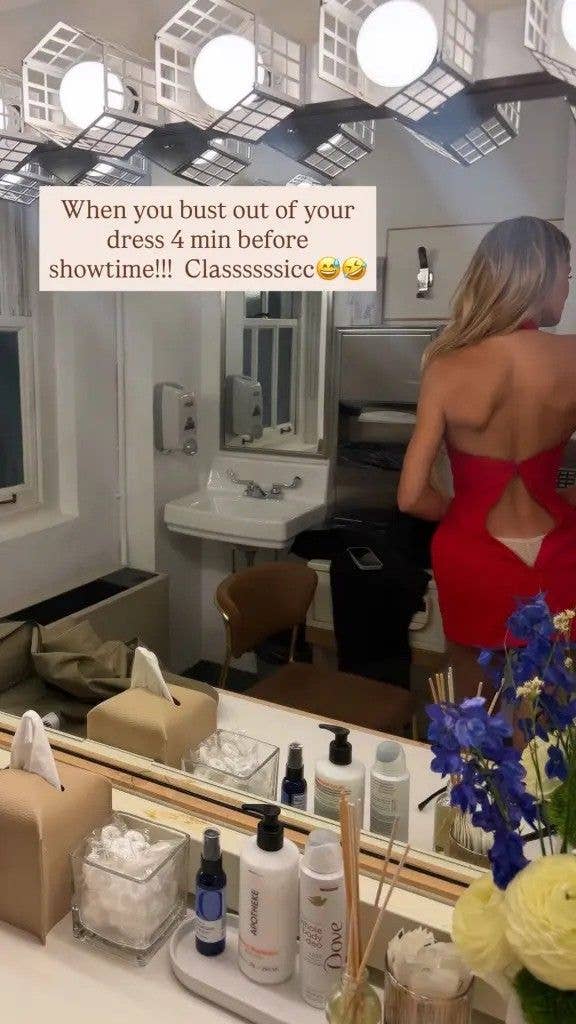 photo of brooks nader from behind with split red dress