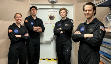 Members of NASA’s CHAPEA (Crew Health and Performance Exploration Analog) mission 2 pose for a group photo. (From left to right: Ellen Ellis, Ross Elder, James Spicer, Matthew Montgomery)