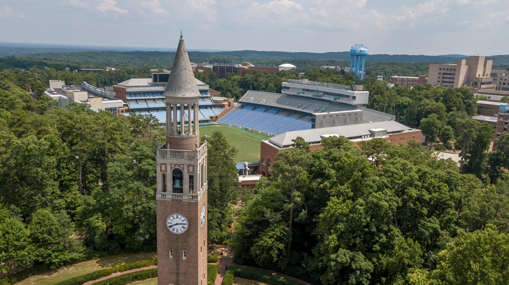Aerial view of the Kenan Memorial Stadium and campus at UNC Chapel Hill.