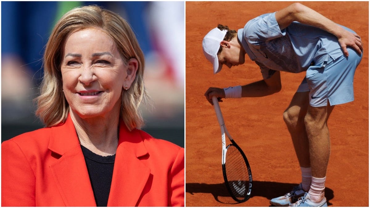 Split-image with Chris Evert on the left and Jannik Sinner bent over on a clay court during the French Open on the right.