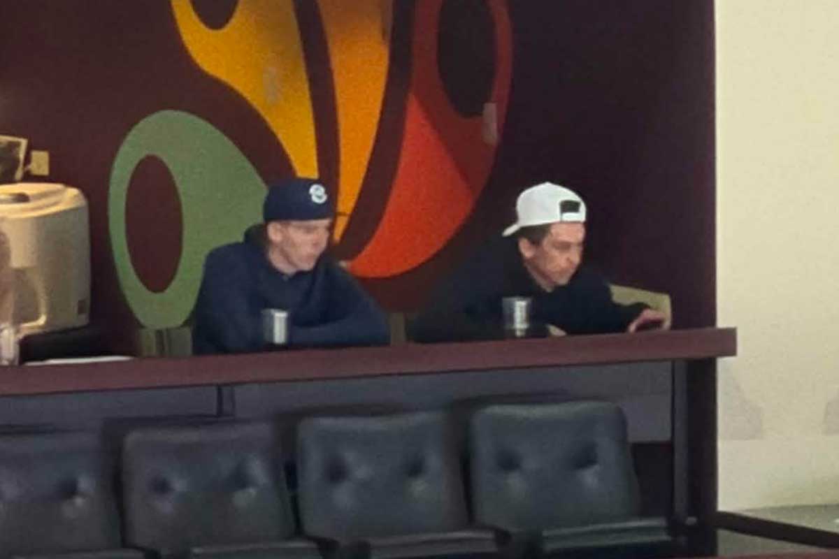 Cole Hutson and Dylan Strome attend a Hershey Bears playoff game