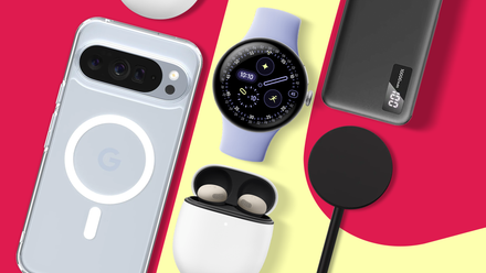 Collection of Google Pixel accessories including a case, Pixel Buds, Pixel Watch, power bank, and Qi2 charger.