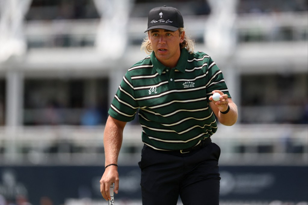 Garrick Higgo reacts after his putt on the 17th green during the first round of the PGA Championship.