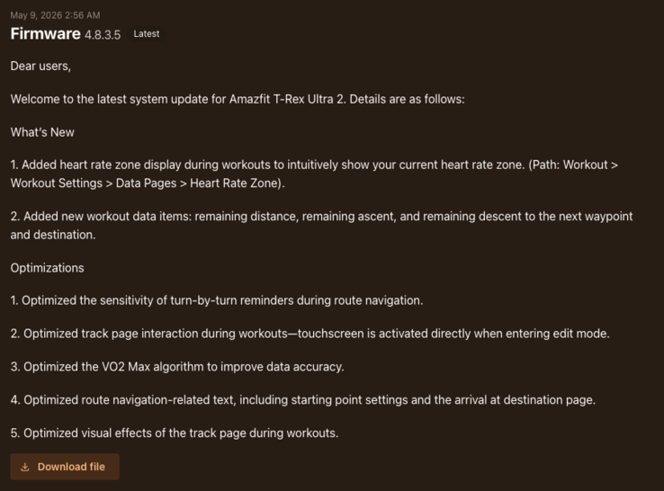The release notes for firmware version 3.8.0.5 for the Amazfit T-Rex Ultra 2 smartwatch