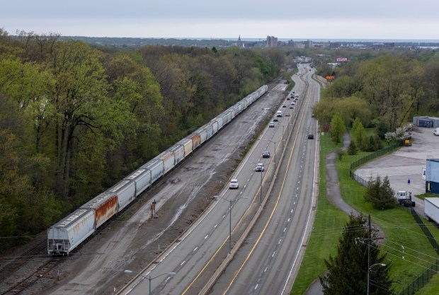 Rail cars are parked at a site where plastic pellets are transferred to trucks and delivered to local manufacturers, May 1, 2026, in Erie, Pennsylvania. (Brian Cassella/Chicago Tribune)