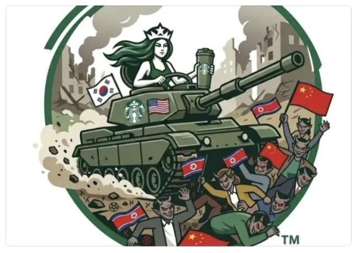 An artificial intelligence-generated image, presumed to have been created by a far-right online user and circulating online on Wednesday, depicts a tank carrying the Starbucks siren rolling over devil-like figures holding Chinese and North Korean flags. Captured from Threads