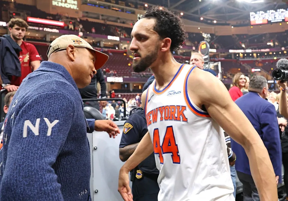 Landry Shamet celebrates with Knicks great John Starks after their 121-108 Game 3 win over the Cavaliers on May 23, 2026 in <a class="link " href="https://sports.yahoo.com/nba/teams/cleveland/" data-i13n="sec:content-canvas;subsec:anchor_text;elm:context_link" data-ylk="slk:Cleveland;sec:content-canvas;subsec:anchor_text;elm:context_link;itc:0" data-yga="{"yLinkElement":"context_link","yModuleName":"content-canvas","yLinkText":"Cleveland","ySubModuleName":"anchor_text","yHasCommerce":false}">Cleveland</a>. Charles Wenzelberg / New York Post