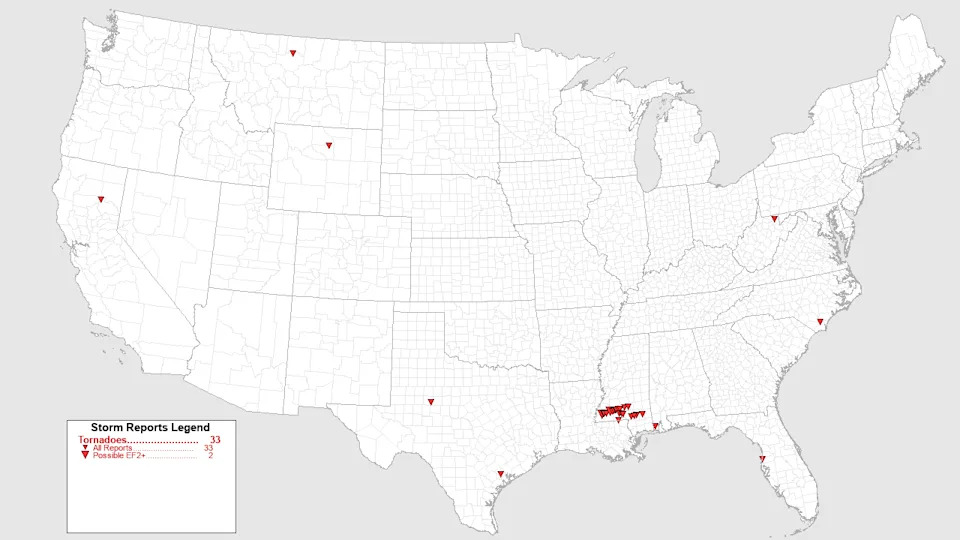 Tornado reports and confirmed tornadoes from May 1-14, 2026, across the U.S.