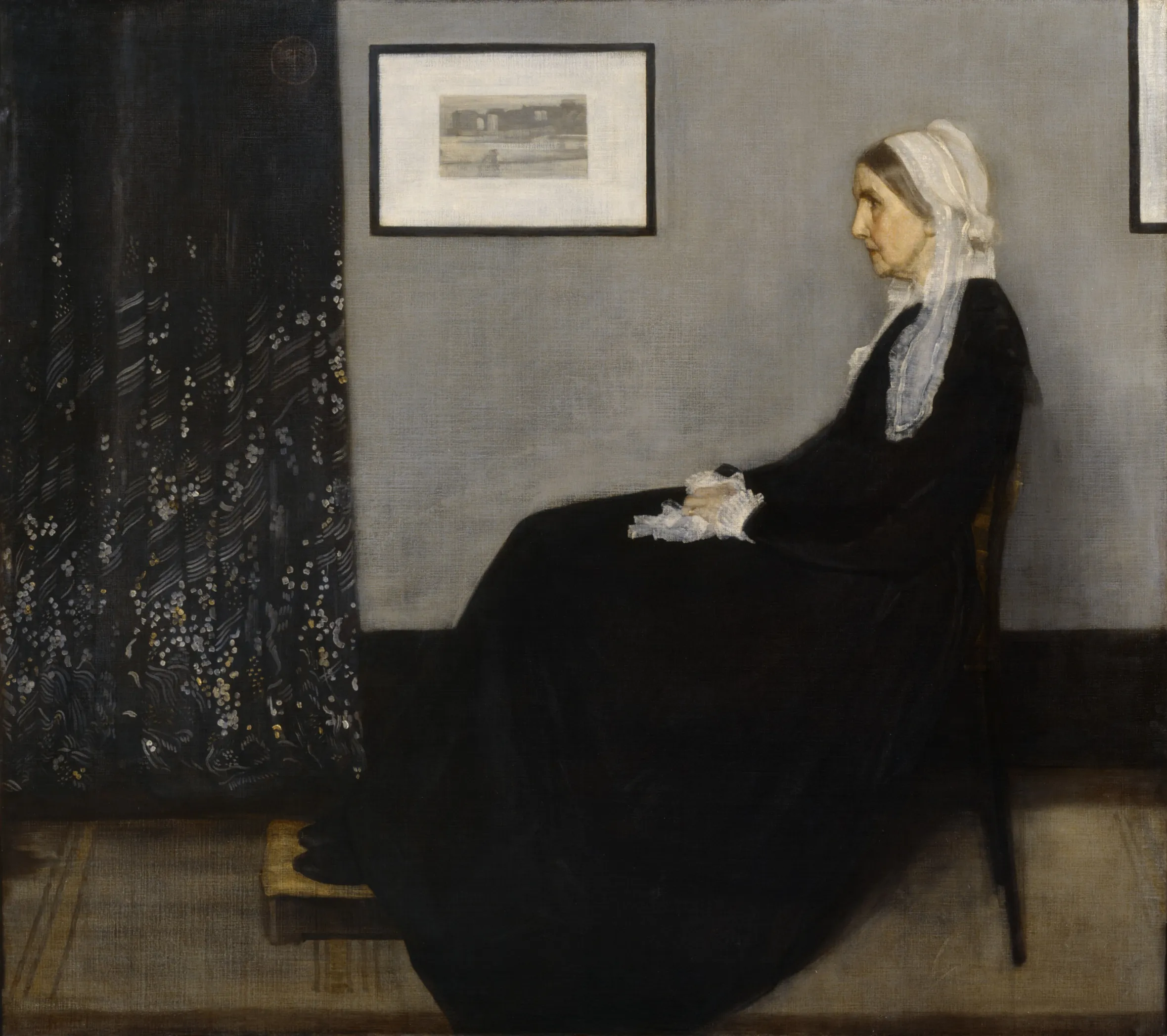 Painting titled "Arrangement in Grey and Black No.1" by James Abbott McNeill Whistler, depicting an elderly woman in a black dress and white cap sitting in profile.