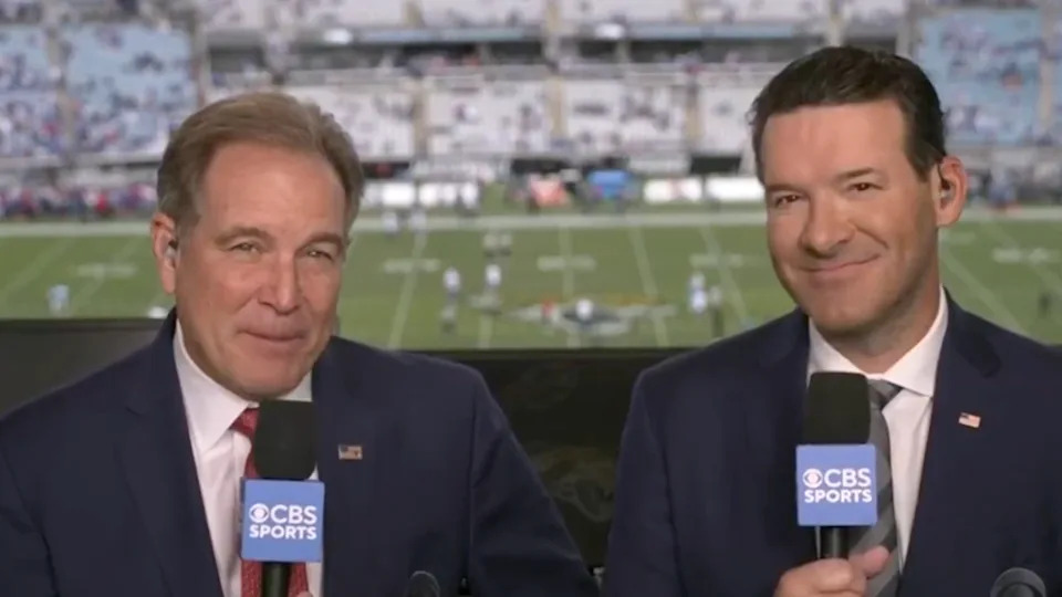 Jim Nantz and <a class="link " href="https://sports.yahoo.com/nfl/players/6624/" data-i13n="sec:content-canvas;subsec:anchor_text;elm:context_link" data-ylk="slk:Tony Romo;sec:content-canvas;subsec:anchor_text;elm:context_link;itc:0" data-yga="{"yLinkElement":"context_link","yModuleName":"content-canvas","yLinkText":"Tony Romo","ySubModuleName":"anchor_text","yHasCommerce":false}">Tony Romo</a> on the air.NFL on CBS&period;