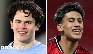 Man City's Teddie Lamb and Man Utd's JJ Gabriel