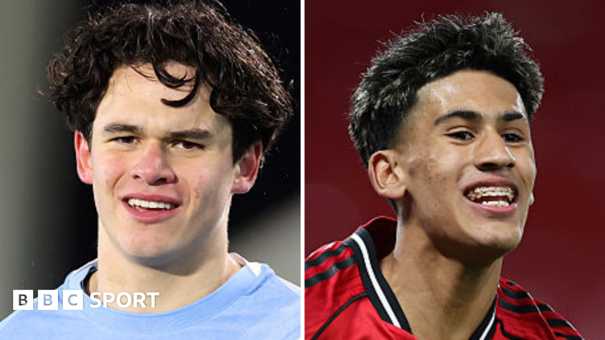 Man City's Teddie Lamb and Man Utd's JJ Gabriel