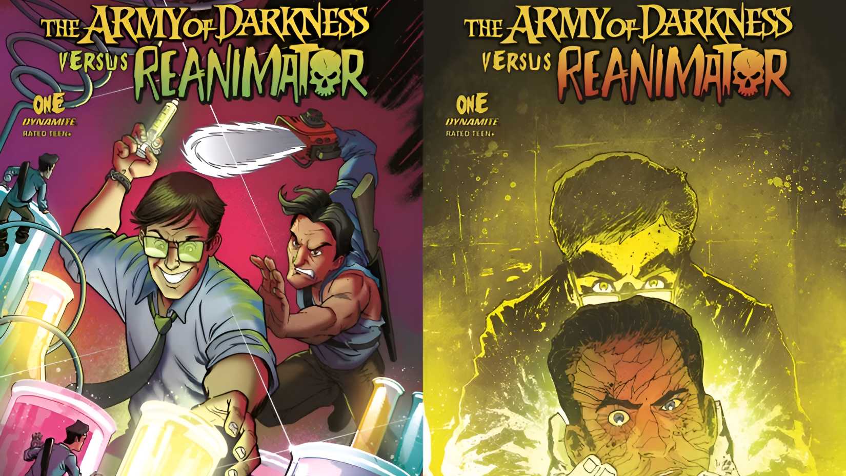 Ash facing Reanimator in the covers of Reanimator and Army of Darkness crossover comics