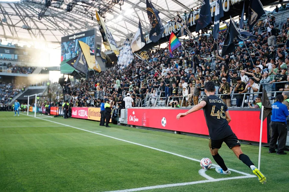 Stephen Eustáquio #46 of LAFC does a corner kick during an MLS match against Houston Dynamo FC on May 10, 2026 at BMO Stadium in Los Angeles, California.
