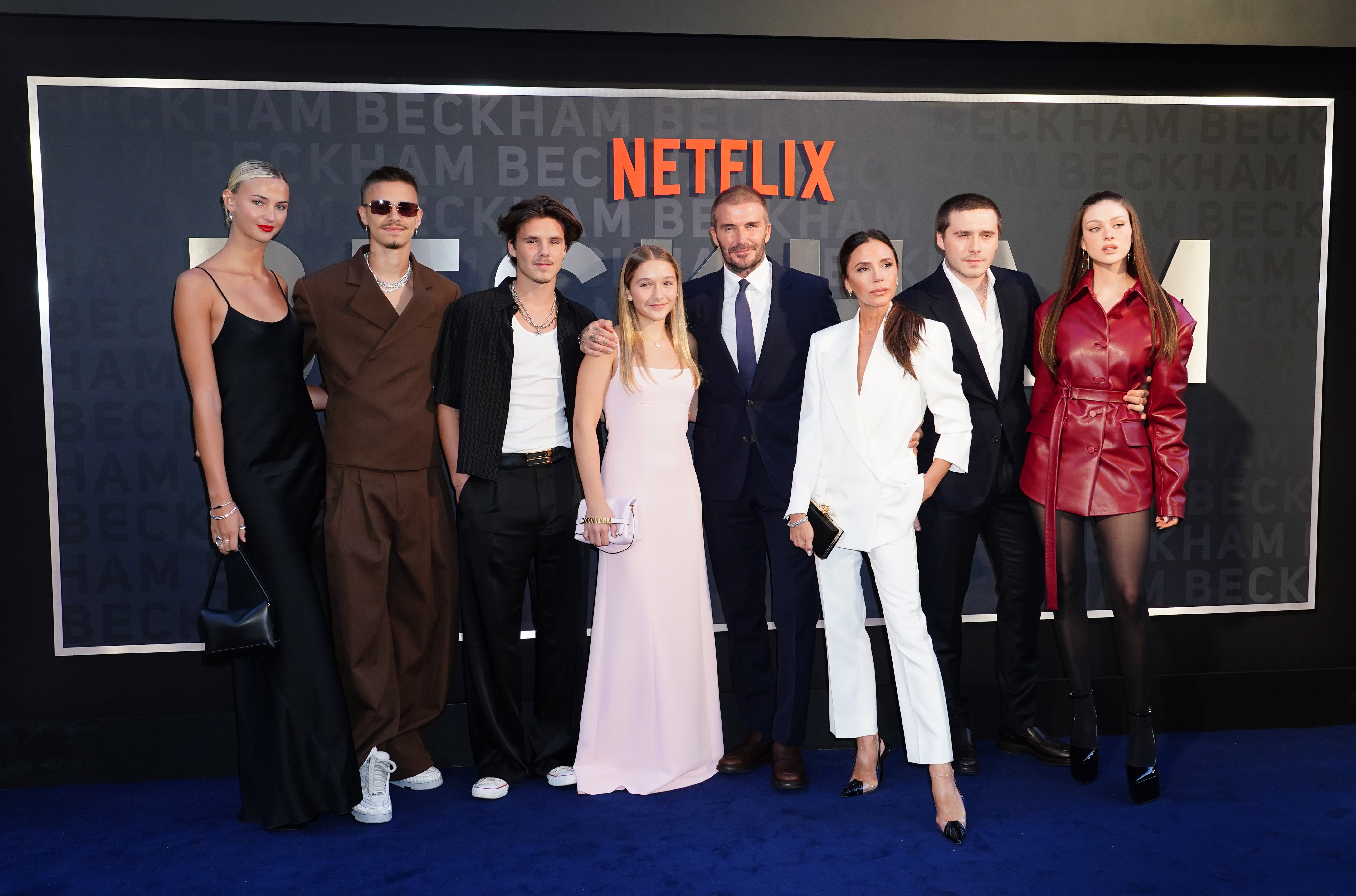 (left to right) Mia Regan, Romeo Beckham, Cruz Beckham, Harper Beckham, David Beckham, Victoria Beckham, Brooklyn Beckham and Nicola Peltz arrive for the premiere of Netflix’s documentary series Beckham at the Curzon Mayfair in London (Ian West/PA)