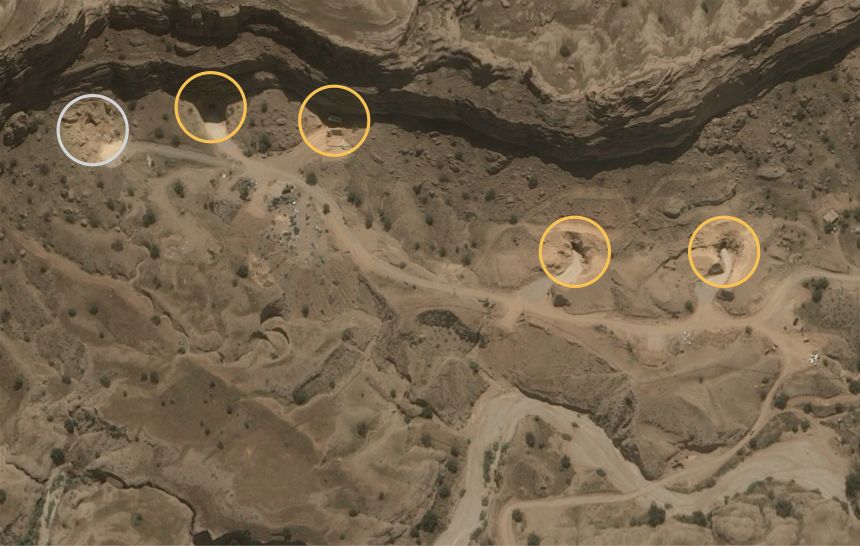 At a missile base in Dezful, Iran, four of the five entrances to the underground facility could be seen reopened on May 12. Circled in gray is the one entrance to the complex that remained blocked.