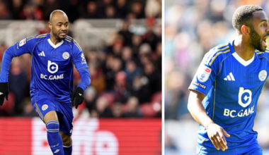 Jordan Ayew and Ricardo Pereira in Leicester City's blue kit in side by side images