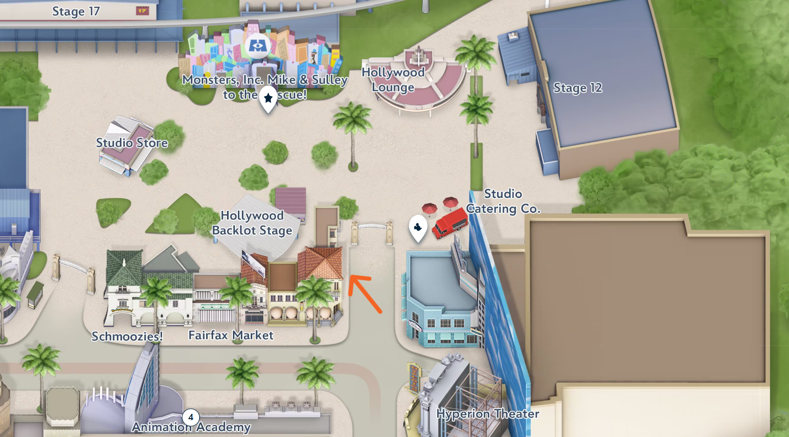 The Descendants display can be found on Sunset Boulevard in Hollywood Land at Disney California Adventure, as indicated by the orange arrow in the map screenshot.