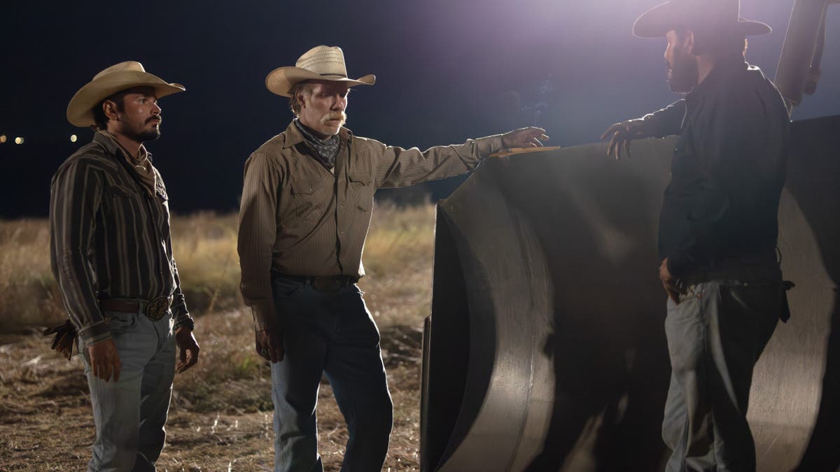 J.R. Villarreal as Azul, Marc Menchaca as Zachariah, and Cole Hauser as Rip Wheeler standing in Dutton Ranch