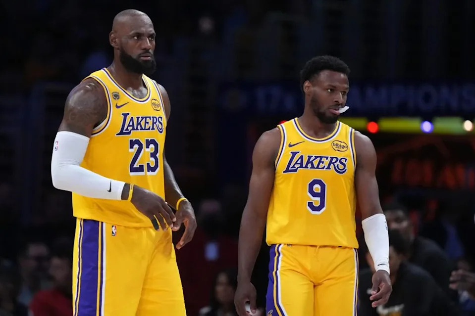 James playing along side his son <a class="link " href="https://sports.yahoo.com/nba/players/10339/" data-i13n="sec:content-canvas;subsec:anchor_text;elm:context_link" data-ylk="slk:Bronny James;sec:content-canvas;subsec:anchor_text;elm:context_link;itc:0" data-yga="{"yLinkElement":"context_link","yModuleName":"content-canvas","yLinkText":"Bronny James","ySubModuleName":"anchor_text","yHasCommerce":false}">Bronny James</a> with the LA Lakers.