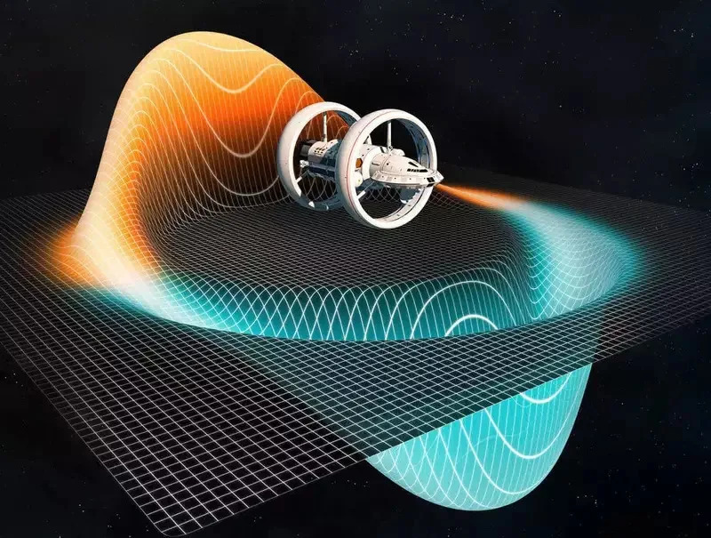 The Alcubierre Warp Drive Model. The blue area below the plane represents contracted space while red and raised area represent expanded space. (CREDIT: CREDIT: CC BY-SA 4.0)