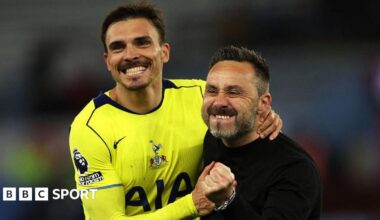 Spurs head coach Roberto de Zerbi celebrated with Joao Palhinha after the Premier League win at Aston Villa.