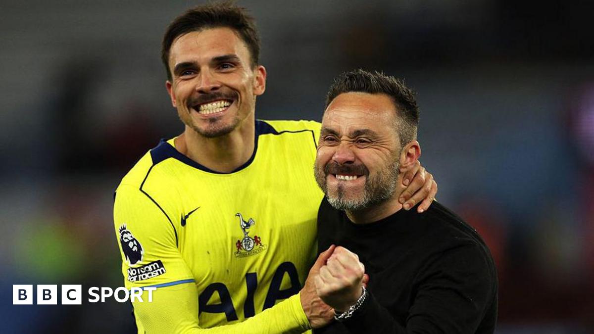 Spurs head coach Roberto de Zerbi celebrated with Joao Palhinha after the Premier League win at Aston Villa.