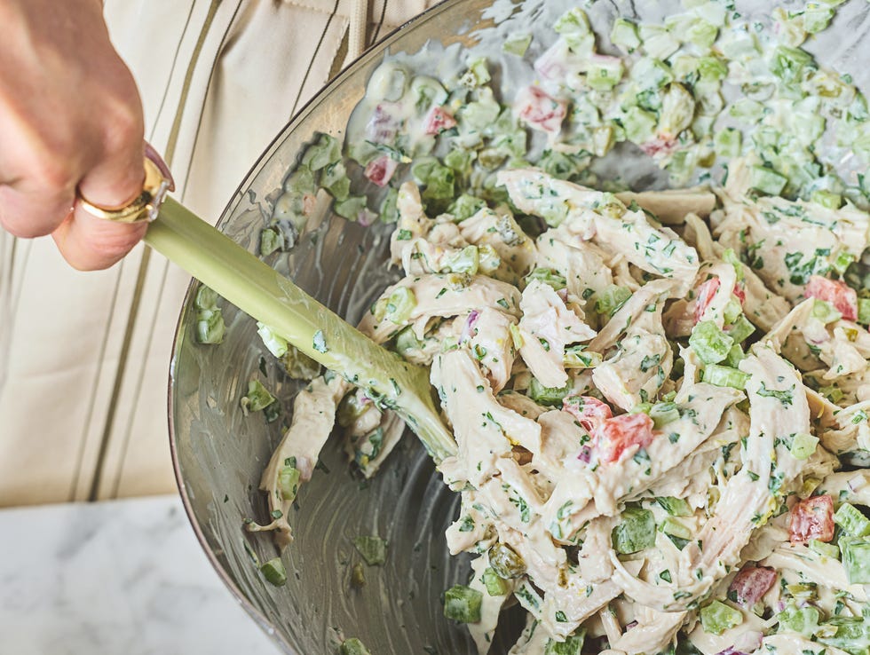 ultimate chicken salad with greens, avocado and dressing by nutritionist emily english