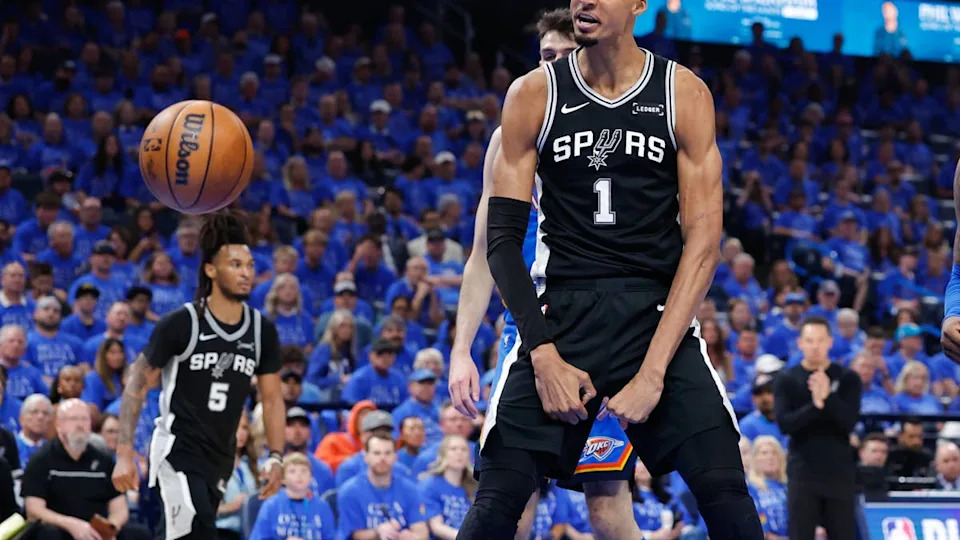 May 18, 2026; Oklahoma City, Oklahoma, USA; San Antonio Spurs center Victor Wembanyama (1) reacts after a dunk in the second quarter against the Oklahoma City Thunder during game one of the western conference finals for the 2026 NBA playoffs at Paycom Center. Mandatory Credit: Alonzo Adams-Imagn Images© Alonzo Adams-Imagn Images