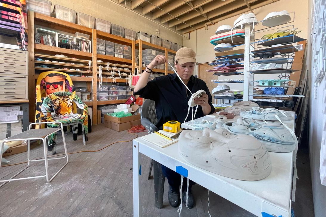 Soto in her studio in Chicago. She began upholstering plastic lawn chairs in 2014 as part of her wider body of work.