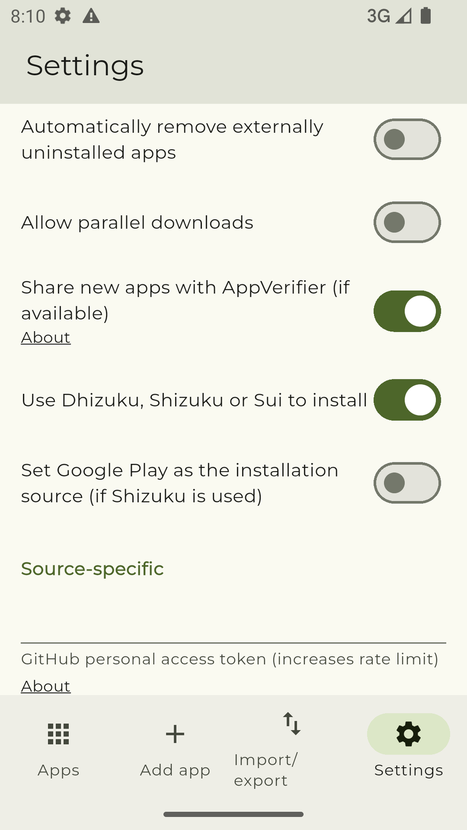 Enabling Shizuku inside Obtanium.
