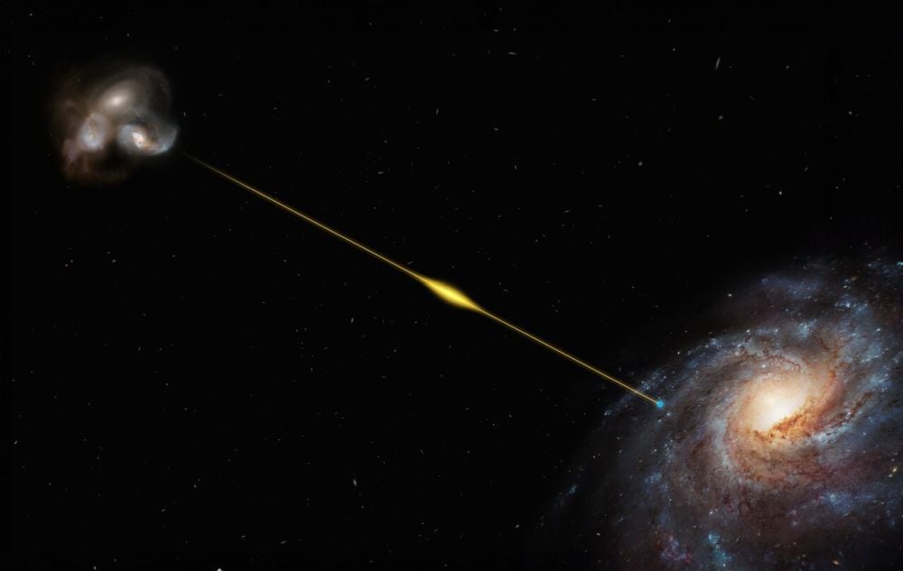 This artist's illustration represents a Fast Radio Burst from a distant galaxy. Astrophysicists aren't sure where these bursts come from, but they can still make use of them. Through gravitational microlensing, they could help find elusive Intermediate Mass Black Holes. Image Credit: ESO/M. Kornmesser