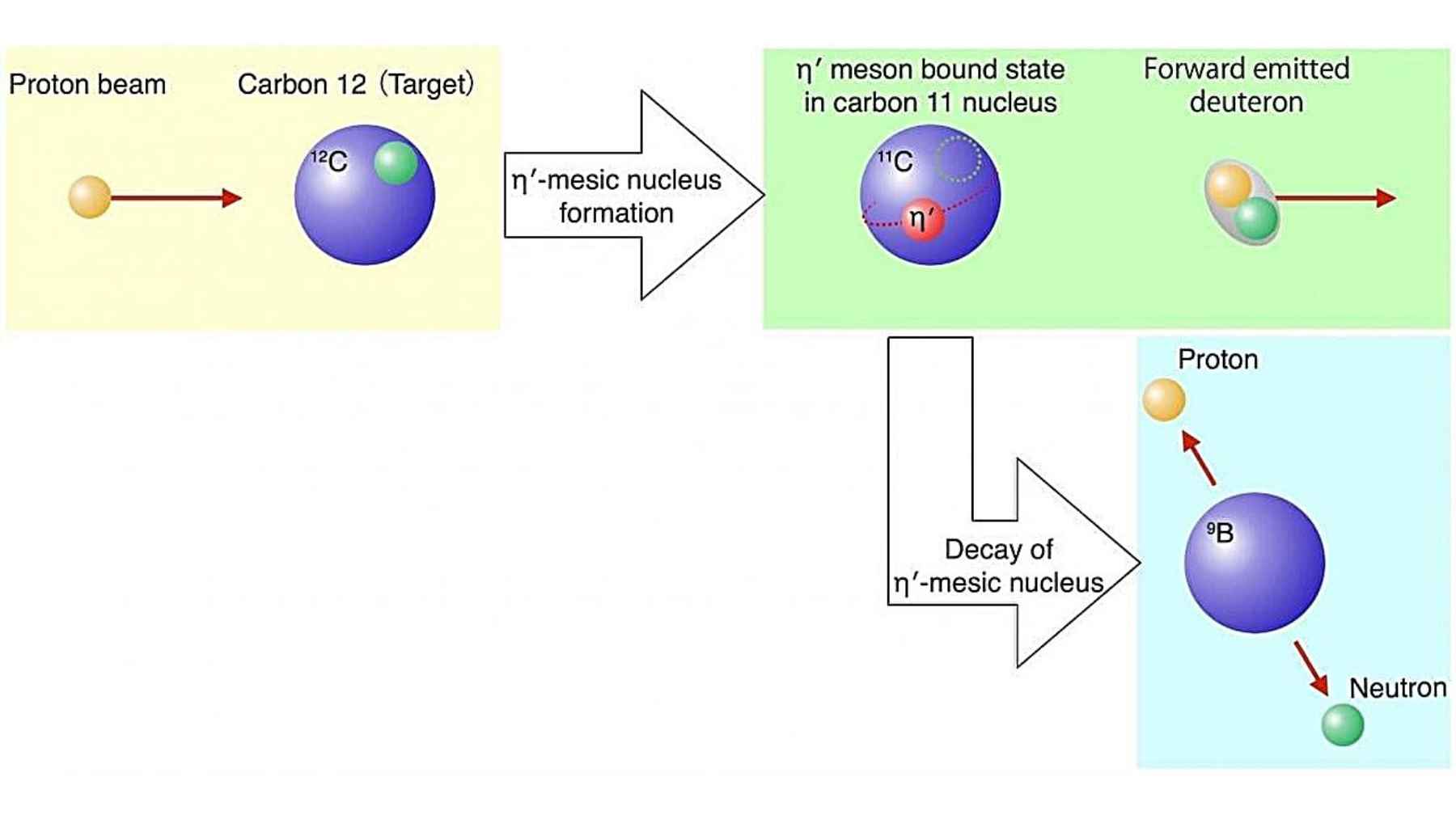 Physicists have found the first signs of an exotic η′-mesic nucleus, a state of matter that could help explain where mass really comes from 1 Diagram showing the formation and decay of an eta prime mesic nucleus during a proton and carbon collision experiment.