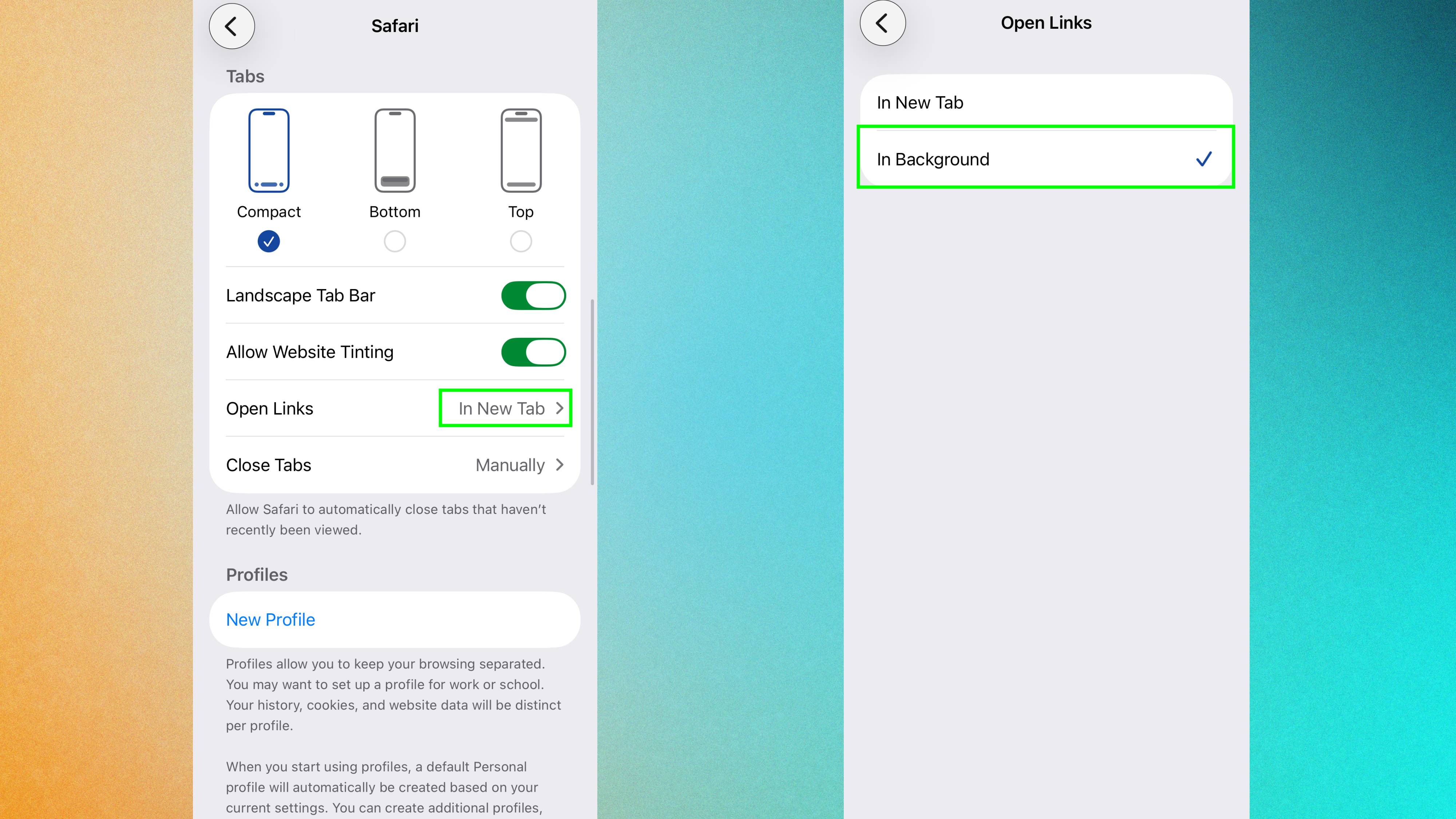 Safari tab settings on iPhone