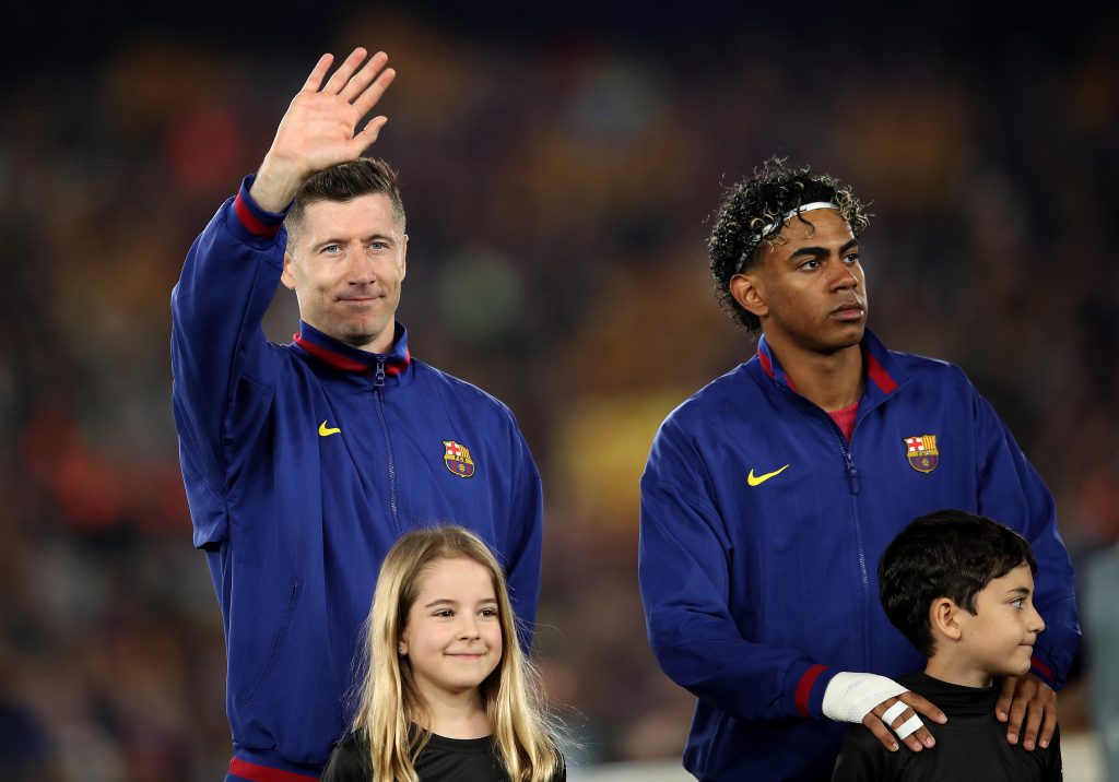 Robert Lewandowski and Lamine Yamal of FC Barcelona