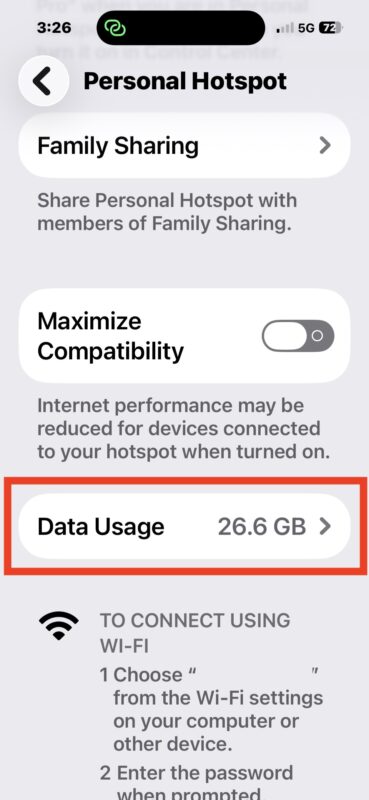 Personal Hotspot Data Usage info